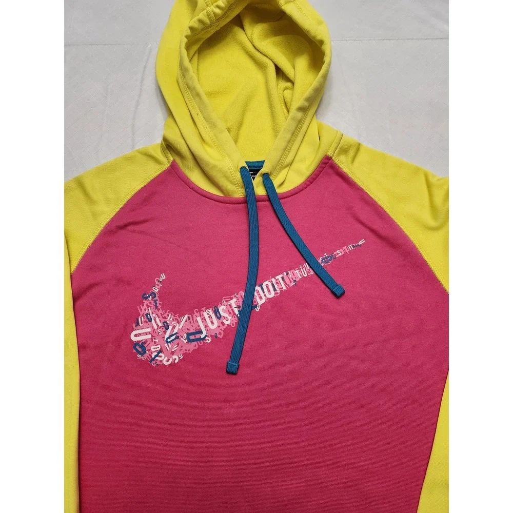 Nike Therma-FIT Hoodie Womens Large Pink Yellow Just Do‎ It Pullover Sweatshirt